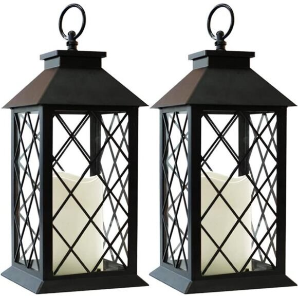 2-Pack 13.5" Vintage Candle Lantern with LED Pillar Candle (Black, 6hr Timer) - Picture 1 of 8